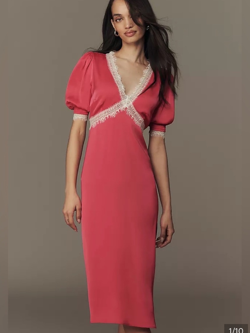 Anthropologie rose Lace Trim Midi Dress NWOT Puff Sleeve Pink